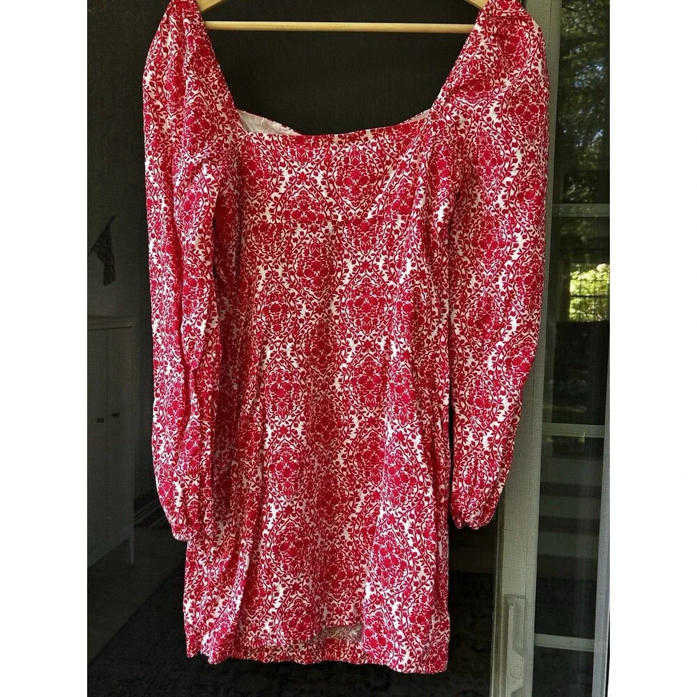 Boden 100% Linen Red White Damask Floral Dress Size 4 Puff Sleeve Short Garden